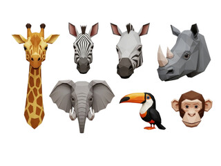 Fototapeta premium 3d safari animal heads collection transparent background, cutout png
