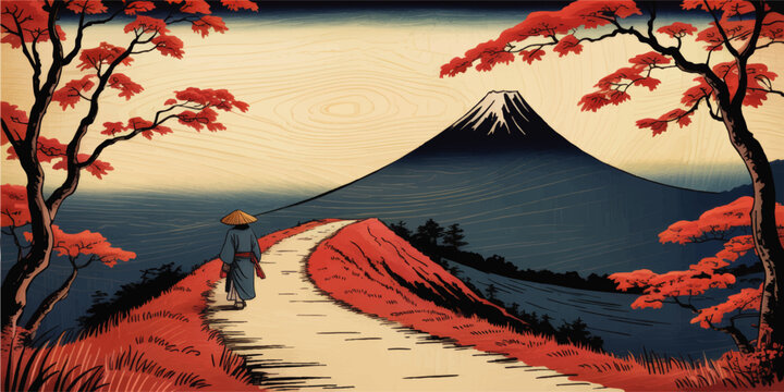 Samurai traveler on mountain path to Fuji at sunrise, Japanese ukiyo-e style landscape with red maple trees and vintage woodcut texture