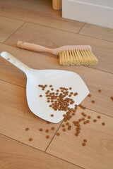 Cat food spills on wooden floor with cleaning tools nearby