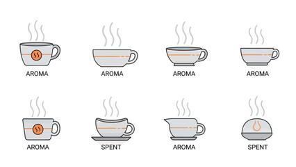 Collection of Coffee Cup Icons with Steam and Labels