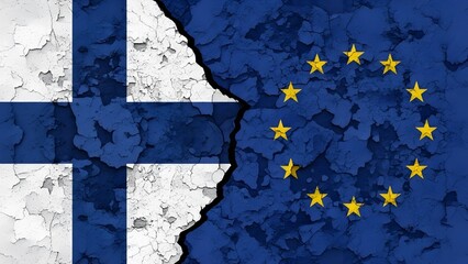 Cracked wall displaying the flags of Finland and the European Union, symbolizing a potential divide or relationship strain.