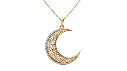 Elegant Gold Crescent Moon Pendant Necklace with Diamonds on White Background