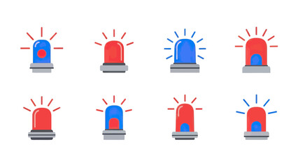 Set of Red and Blue Flashing Siren Lights Icons