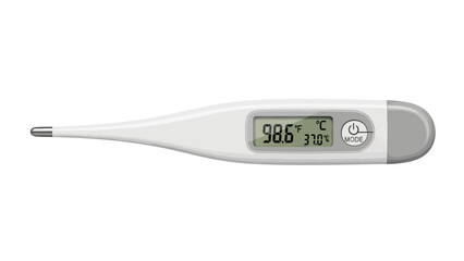 Digital thermometer showing normal body temperature isolated on a white background.