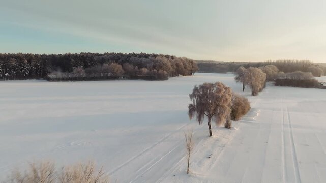 Aerial footage of a deeply snow-covered landscape outside Hamburg