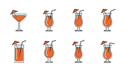 Set of Tropical Cocktail Icons with Umbrellas