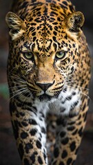 Obraz premium Leopard approaches the camera, focusing intent eyes with the distinct spot patterns