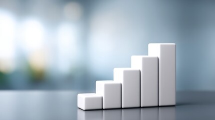 White 3D bar graph on blurred background, representing growth and progress in business, finance, and economic development in a modern office environment