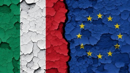 A cracked wall showing the Italian flag and the European Union flag, symbolizing political tension or division.