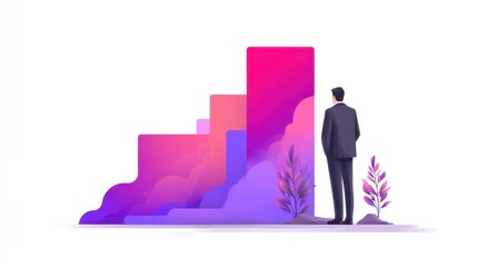 Obraz premium Businessman Observing Graph Growth in Abstract Conceptual Design with Vibrant Colors and Smooth Shapes Representing Success and Progress