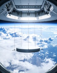Space station interior viewing the Earth below. Hanging platform