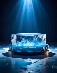 Cubical ice sculpture on stage, illuminated by beams of light