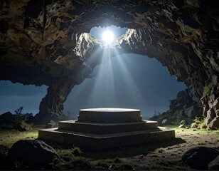Sunlit cavern interior with tiered platform beneath a skylight