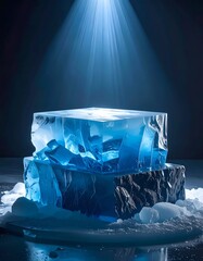 Dramatic icy blue ice block with light beam against dark backdrop