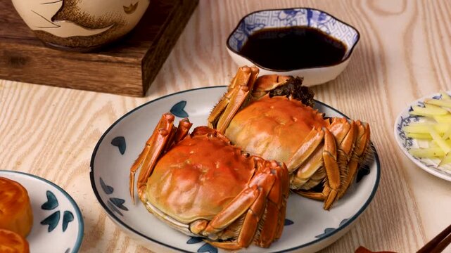 Steamed Chinese Hairy Crabs Served With Vinegar And Ginger On Wooden Table