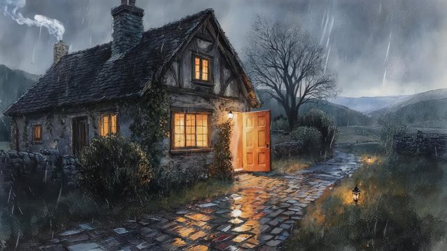 Rain-swept cottage with lit windows and open door. Stone path leads to the house