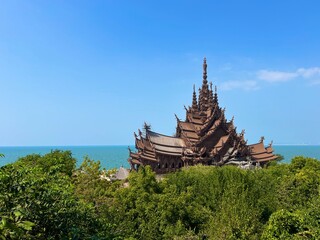 Sanctuary of Truth, an awe-inspiring, towering all-wooden structure located by the sea in Pattaya, Thailand