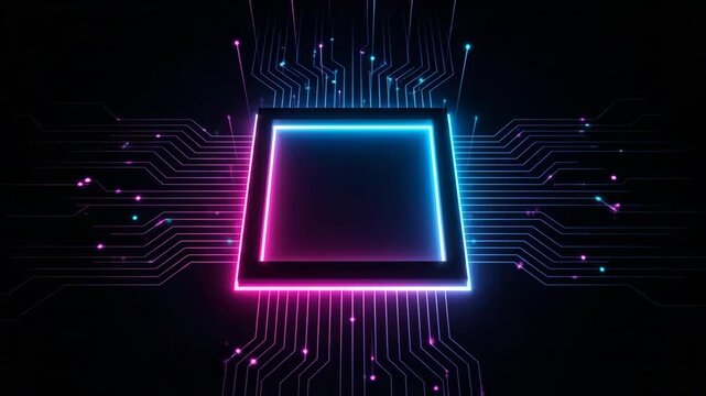 Futuristic digital circuit board with glowing neon square and glowing data streams, Abstract technological background with blue and pink neon lights