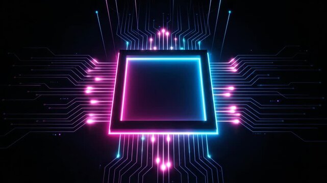 Glowing Neon Circuit Board Square with Futuristic Data Connections, Digital Technology Abstract Background