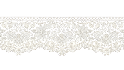 Elegant White Floral Lace Border Trim isolated PNG with Transparent Background
