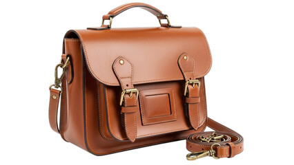 Classic Brown Leather Satchel Bag with Detachable Strap and Brass Buckles Isolated