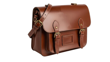 Classic Brown Leather Satchel Bag with Shoulder Strap, Vintage Style, Isolated on White Background