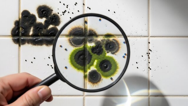Magnifying glass reveals vibrant green and black mold growth on white bathroom tiles.