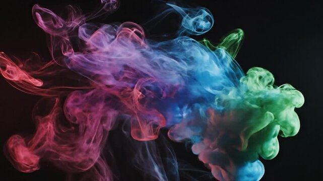 Dynamic swirling plumes of multi-colored smoke (pink, purple, blue, green) on dark