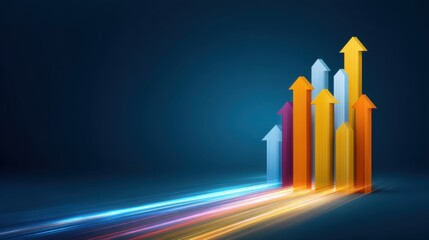 Fototapeta na wymiar Colorful upward arrows on a dark background representing growth, success, progress, and development in a dynamic business environment