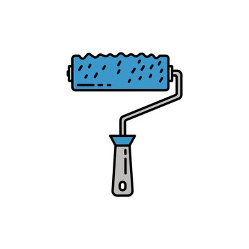 Mbe Style Blue Paint Roller Icon. Flat Line Vector Illustration for Home Renovation, Wall Painting, and DIY Construction Tools.