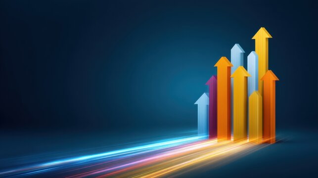 Colorful upward arrows on a dark background representing growth, success, progress, and development in a dynamic business environment