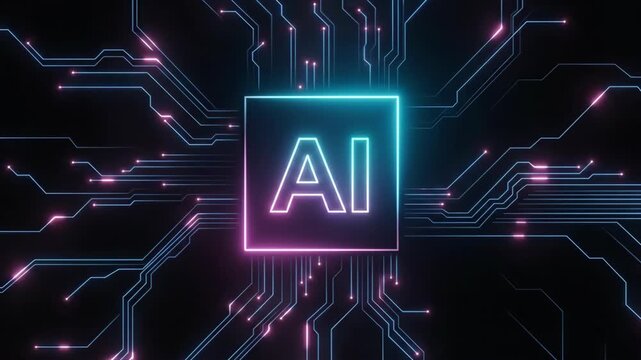 Neon AI circuit board design, glowing AI symbol on a digital network, AI concept graphic