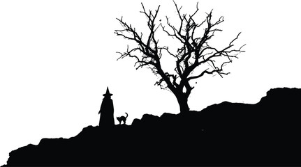 Halloween witch silhouette with cat, barren tree on hill, dark fantasy folklore scene, spooky minimalist night illustration