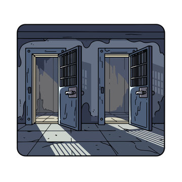 A dark room with two open jail cell doors