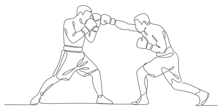 Continuous line drawing of two boxers fighting in a professional match Vector, illustration