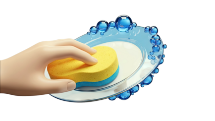 Hand cleaning a plate with a yellow and blue sponge and bubbles