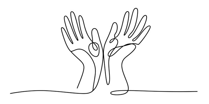 Continuous line drawing of two hands raised up in a gesture of care and support Vector, illustration