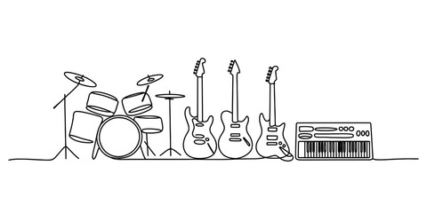 A continuous line drawing illustrating a complete set of musical band instruments Vector, illustration