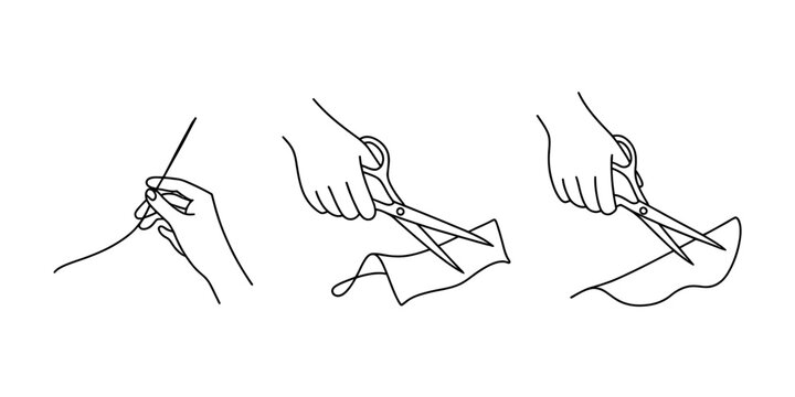 Illustrations depicting fundamental tailoring actions: threading a needle and cutting fabric with scissors Vector, illustration