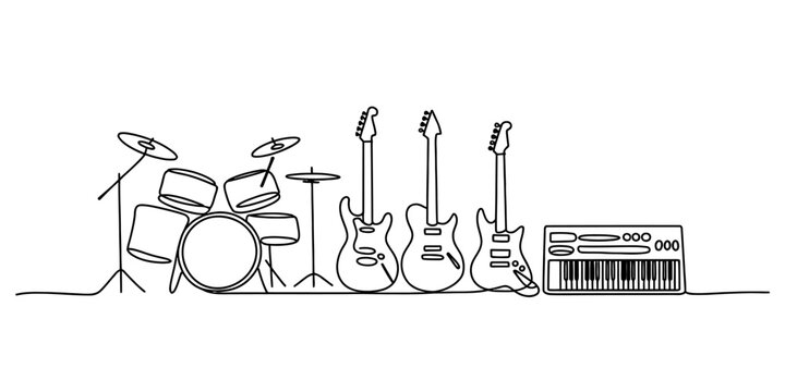 A continuous line drawing illustrating a complete set of musical band instruments Vector, illustration