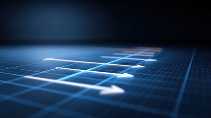 Obraz premium Abstract representation of a digital grid with arrows indicating progression and direction in a dark environment for business and technology concepts
