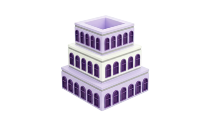 Multi-tiered purple and white building with arched windows