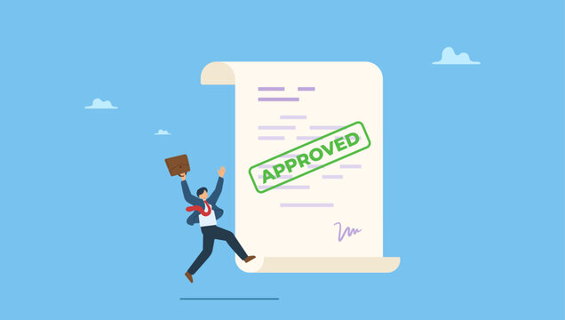 Happy businessman with document paperwork with approved stamp. Document approved, business paperwork approval with rubber stamp and signature sign, request accept or legal certified document.