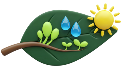 Sprouts growing on a leaf with sun and water droplets