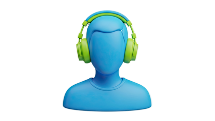 3D Blue Figure with Green Headphones