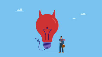 Naklejka premium Confused businessman looking at devil lightbulb doubting it bad idea. Bad idea cause problem and failure, stupid mistake or poor idea, disappointment from rejected, evil and negative opinion.