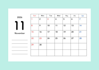 2026年11月 シンプル月間カレンダー｜日曜始まり・書き込み欄付き