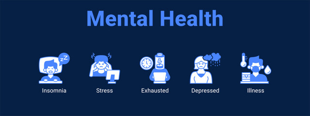 Mental Health web banner icon vector illustration concept ,  with icon of Insomnia, Stress, Exhausted.