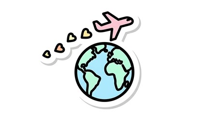 A charming sticker illustration of a pink airplane flying over a globe, leaving a trail of hearts, symbolizing global travel, love for exploration, and international connections.