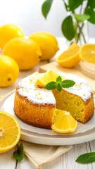 Lemon cake topped with powdered sugar, lemon slices, & mint on a white surface